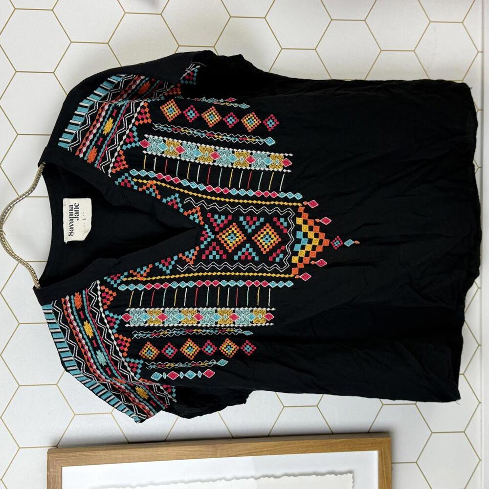 Savanna Jane Black Embroidered V-Neck Boho Top